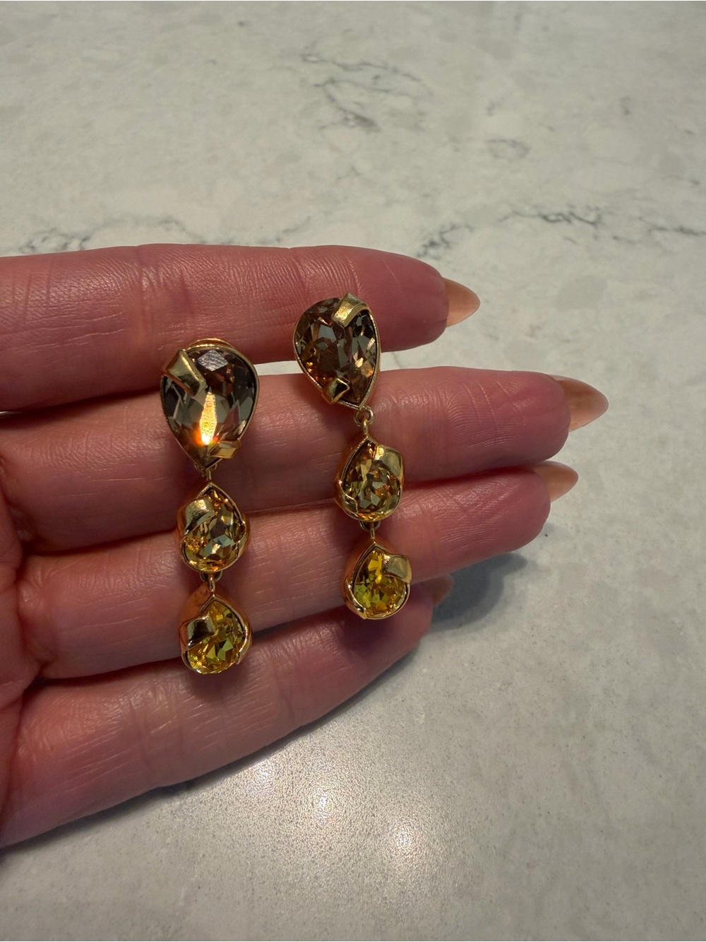 Oscar de la Renta Gold and Yellow Crystal Drop Earrings